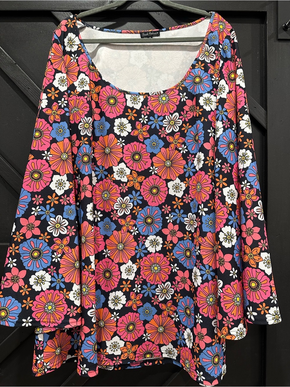Groovy Floral Scoop-Neck Mini Dress in Pink & Blue, Bell Sleeves